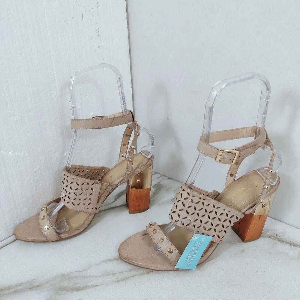 NWT Dominique Nicole Tyne Beige Gold Studded Block Heel Ankle Strap Sandals, 11